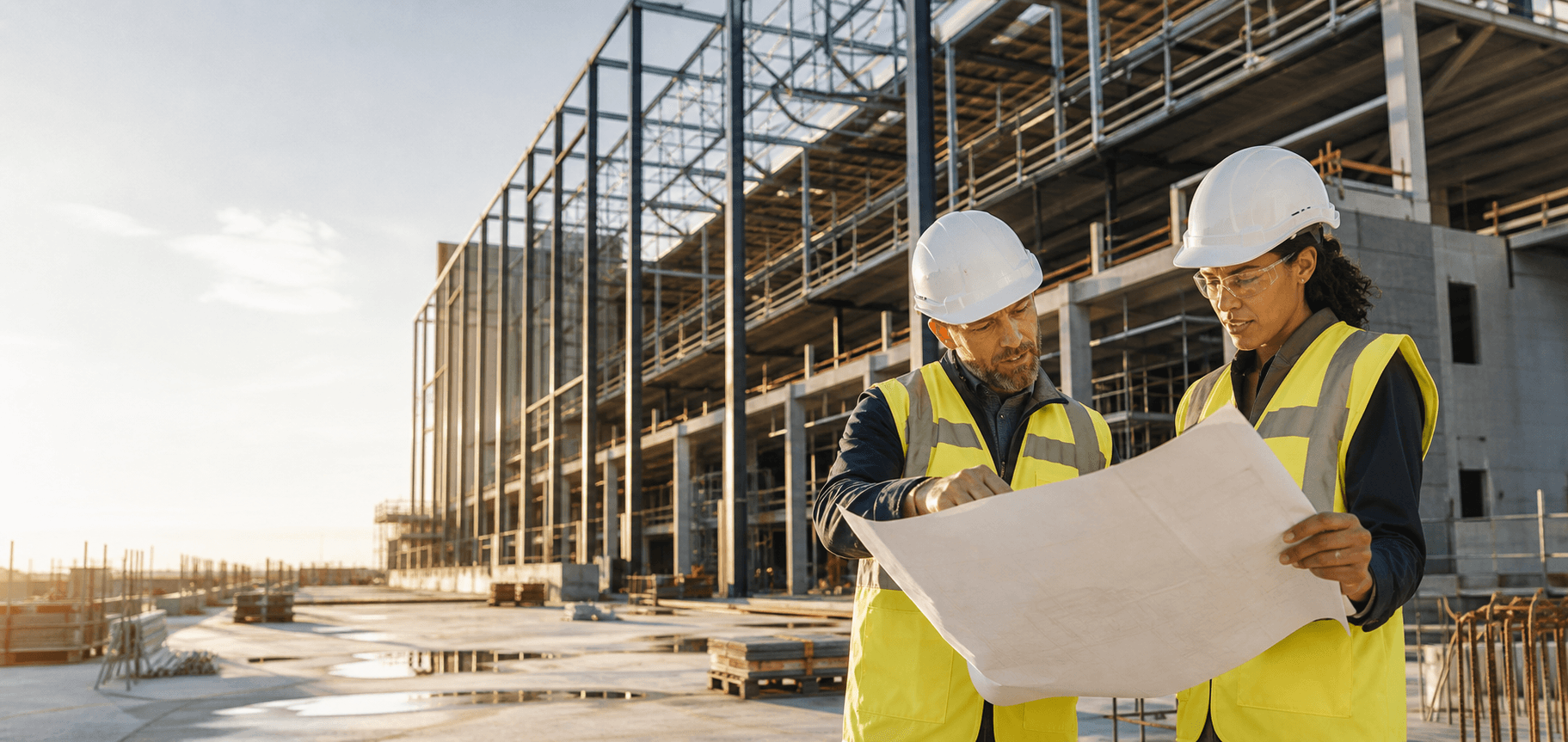 Construction professionals reviewing project plans